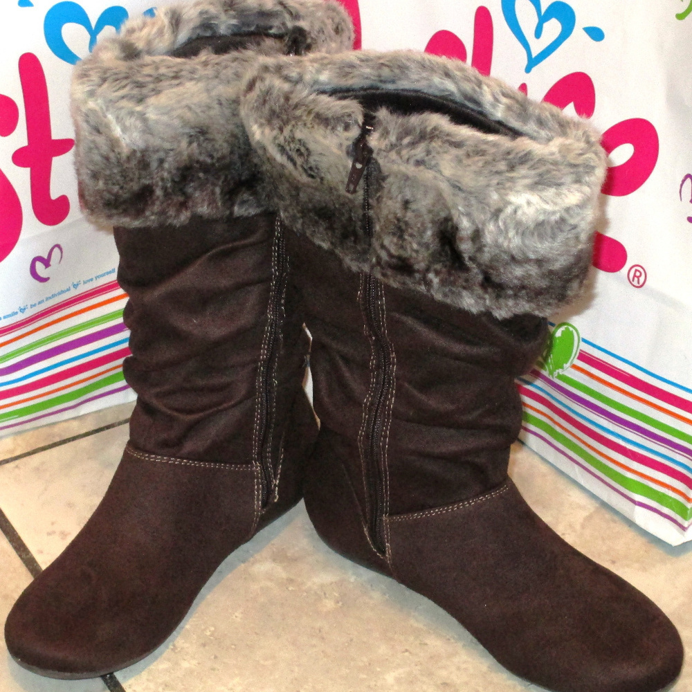 NEW Justice Faux Suede Fur Slouch Winter Boots - Picture 2 of 3
